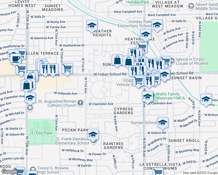 map of restaurants, bars, coffee shops, grocery stores, and more near 7007 West Indian School Road in Phoenix