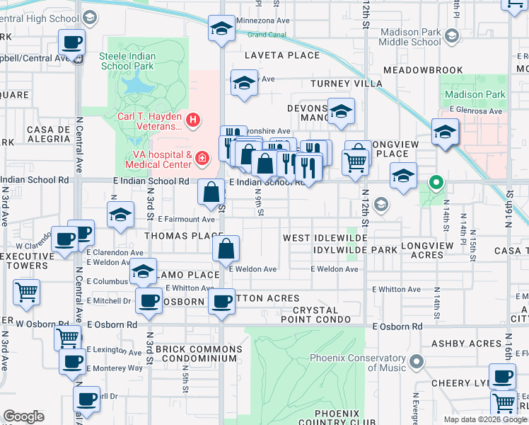 map of restaurants, bars, coffee shops, grocery stores, and more near 907 East Amelia Avenue in Phoenix
