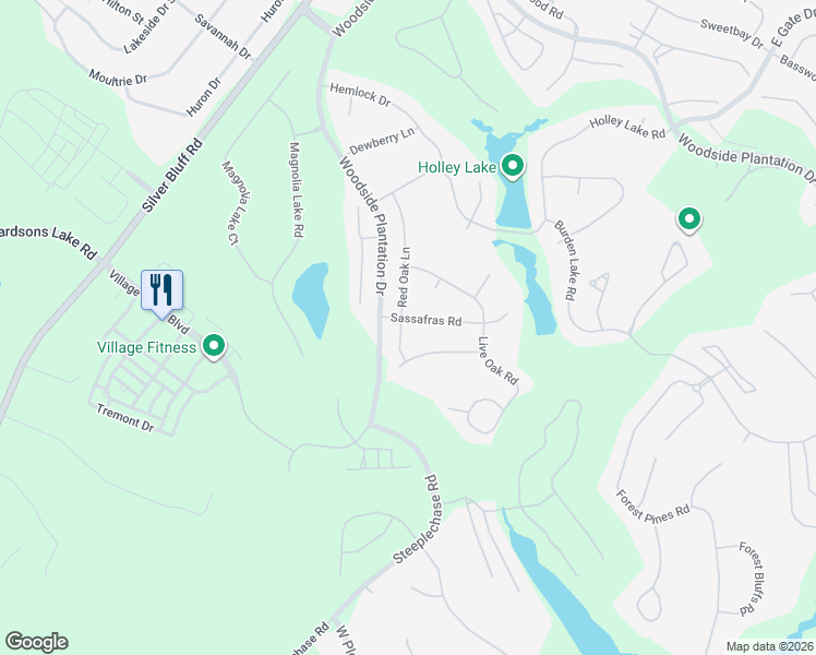 map of restaurants, bars, coffee shops, grocery stores, and more near 109 Sassafras Road in Aiken