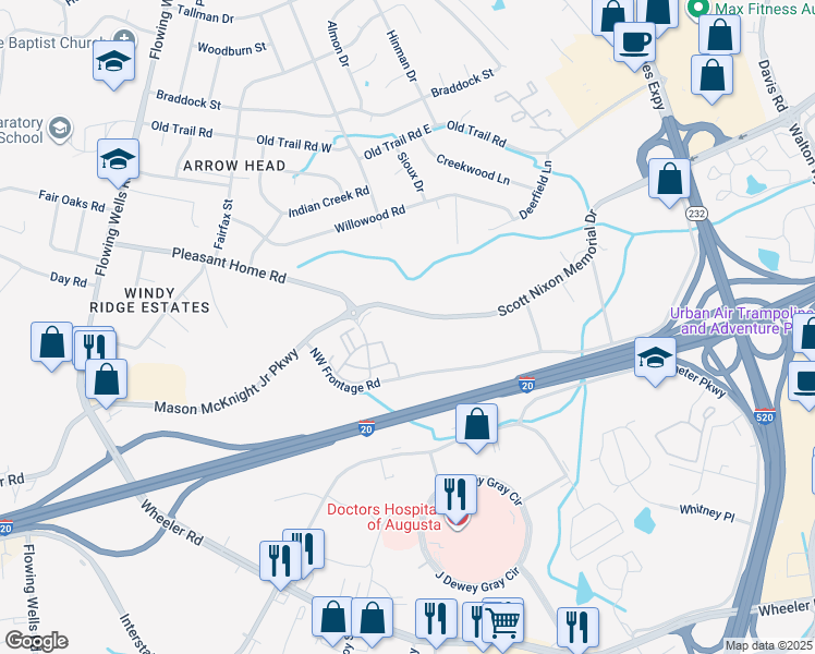 map of restaurants, bars, coffee shops, grocery stores, and more near 844 Scott Nixon Memorial Drive in Augusta