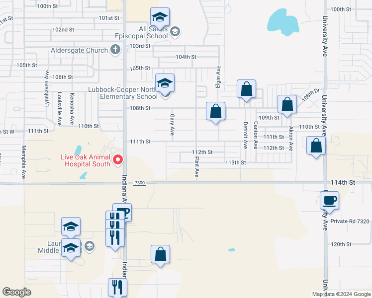 map of restaurants, bars, coffee shops, grocery stores, and more near 3114 112th Street in Lubbock