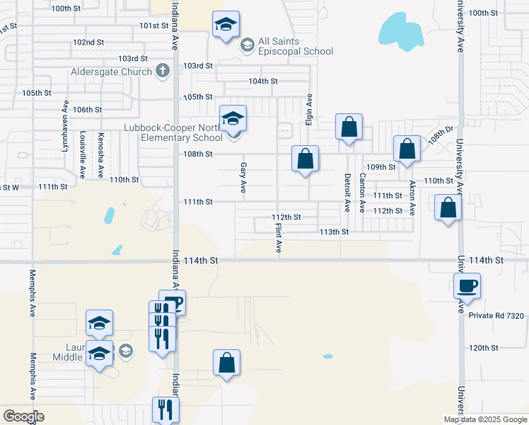 map of restaurants, bars, coffee shops, grocery stores, and more near 3112 112th Street in Lubbock