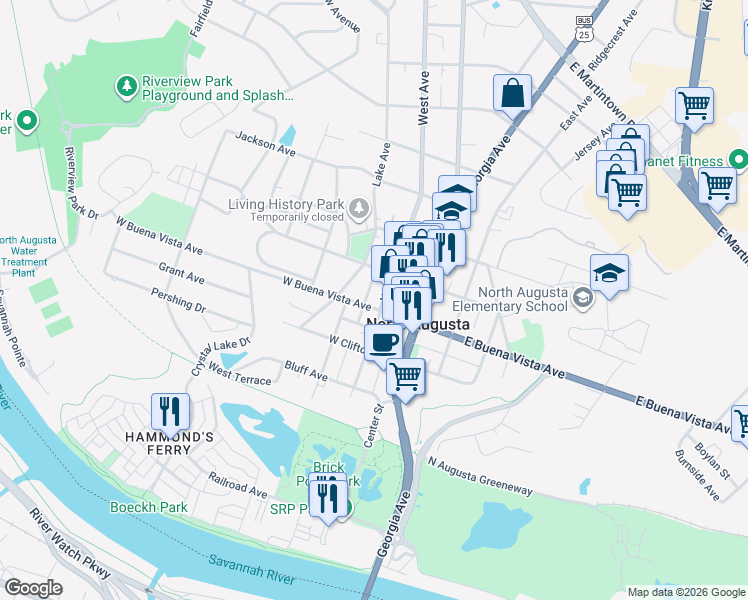 map of restaurants, bars, coffee shops, grocery stores, and more near 402 West Avenue in North Augusta