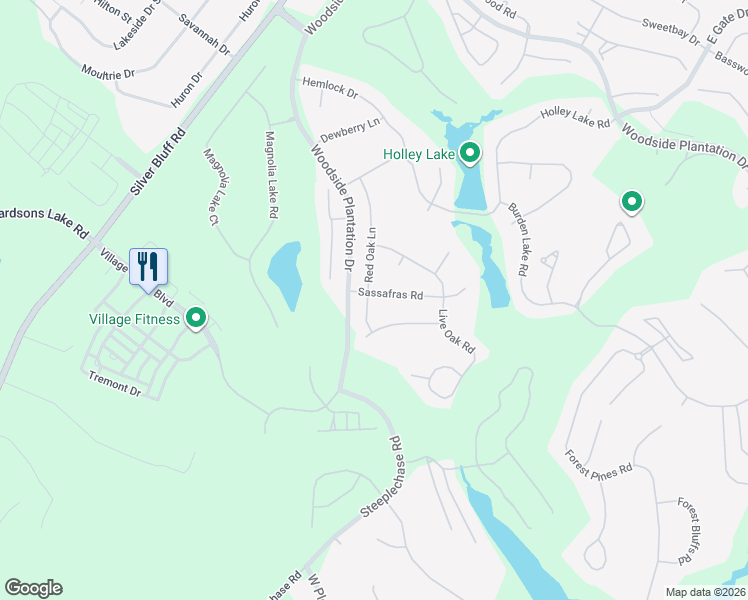 map of restaurants, bars, coffee shops, grocery stores, and more near 109 Sassafras Road in Aiken