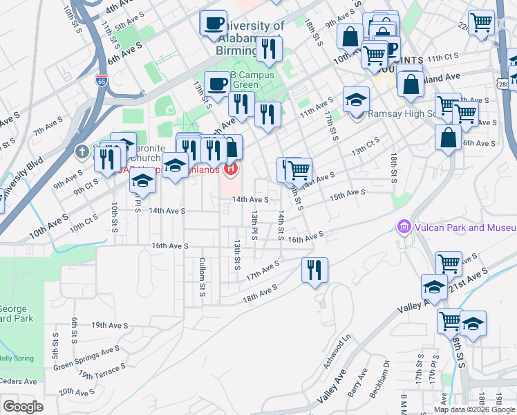 map of restaurants, bars, coffee shops, grocery stores, and more near 1317 14th Avenue South in Birmingham