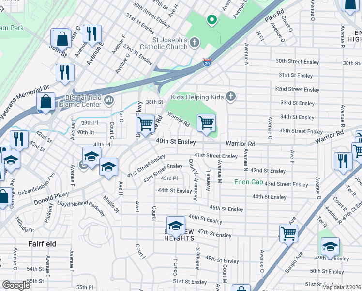 map of restaurants, bars, coffee shops, grocery stores, and more near 1104 40th Street Ensley in Birmingham