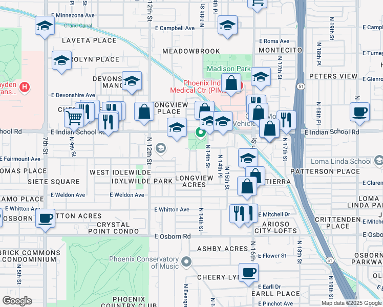 map of restaurants, bars, coffee shops, grocery stores, and more near 1353 East Amelia Avenue in Phoenix