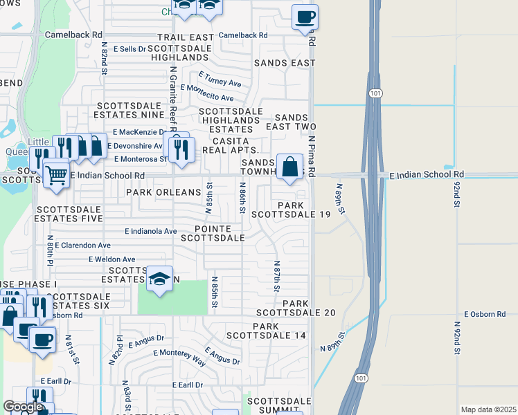 map of restaurants, bars, coffee shops, grocery stores, and more near 3914 North 87th Street in Scottsdale