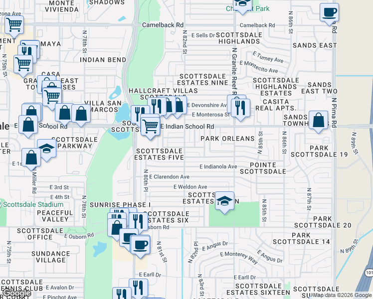 map of restaurants, bars, coffee shops, grocery stores, and more near 8202 East Piccadilly Road in Scottsdale