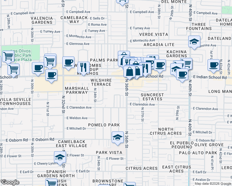 map of restaurants, bars, coffee shops, grocery stores, and more near 3529 East Piccadilly Road in Phoenix