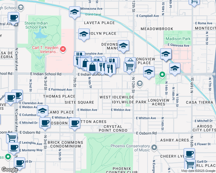 map of restaurants, bars, coffee shops, grocery stores, and more near 1011 East Amelia Avenue in Phoenix
