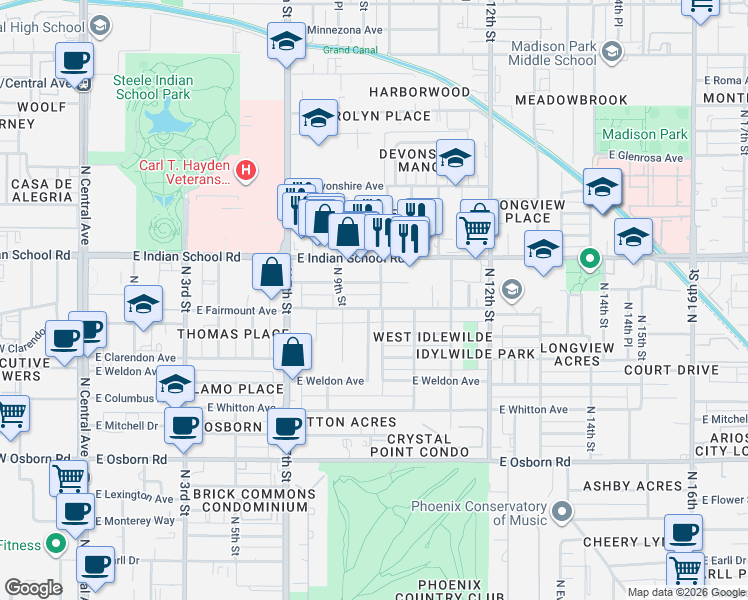 map of restaurants, bars, coffee shops, grocery stores, and more near 907 East Amelia Avenue in Phoenix