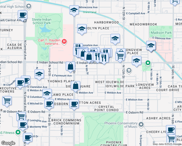 map of restaurants, bars, coffee shops, grocery stores, and more near 907 East Amelia Avenue in Phoenix