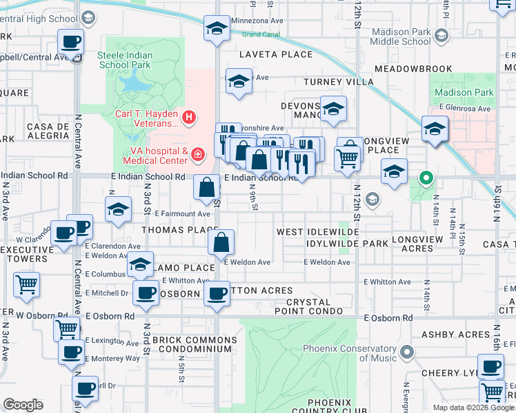 map of restaurants, bars, coffee shops, grocery stores, and more near 907 East Amelia Avenue in Phoenix