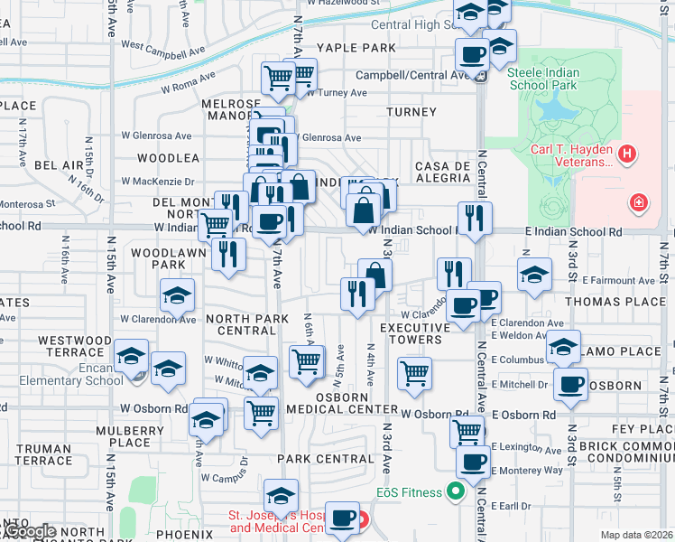 map of restaurants, bars, coffee shops, grocery stores, and more near 3848 North 3rd Avenue in Phoenix