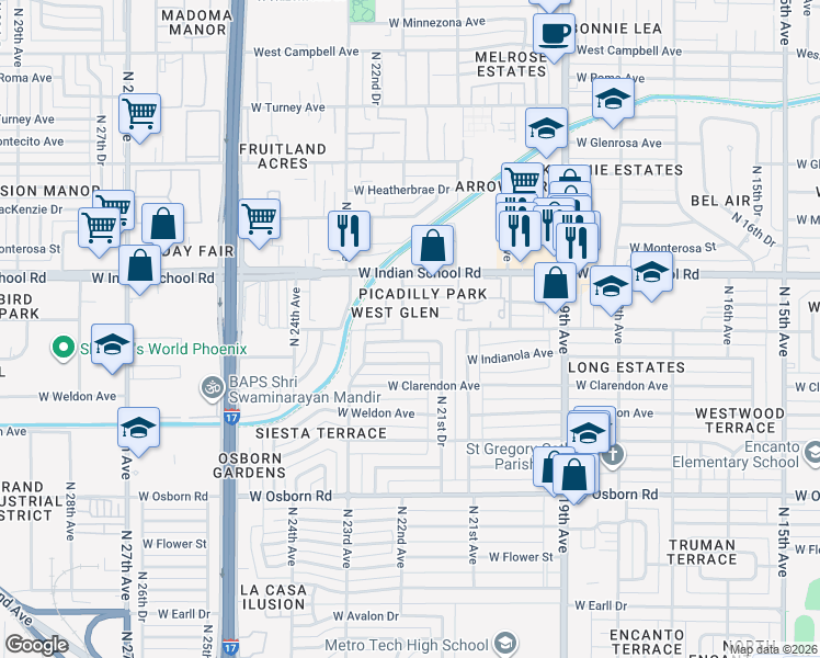 map of restaurants, bars, coffee shops, grocery stores, and more near 4010 North 21st Drive in Phoenix