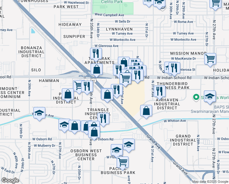 map of restaurants, bars, coffee shops, grocery stores, and more near 3400 Grand Avenue in Phoenix