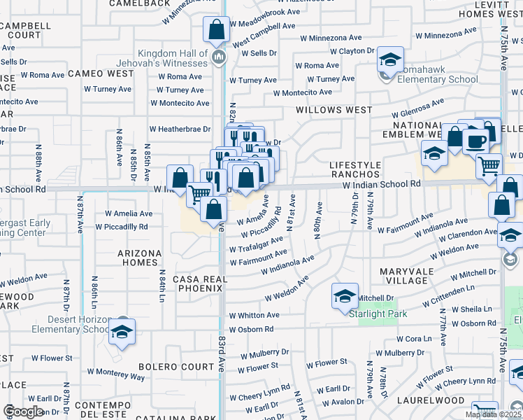 map of restaurants, bars, coffee shops, grocery stores, and more near 4029 North 82nd Avenue in Phoenix