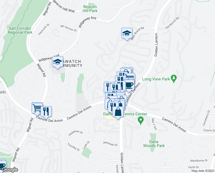 map of restaurants, bars, coffee shops, grocery stores, and more near 115 Shorebreaker Drive in Laguna Niguel