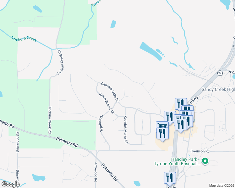 map of restaurants, bars, coffee shops, grocery stores, and more near 302 Carriage Oaks Drive in Tyrone