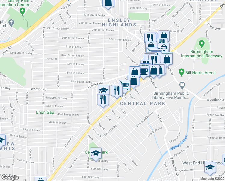map of restaurants, bars, coffee shops, grocery stores, and more near 4220 Terrace South in Birmingham