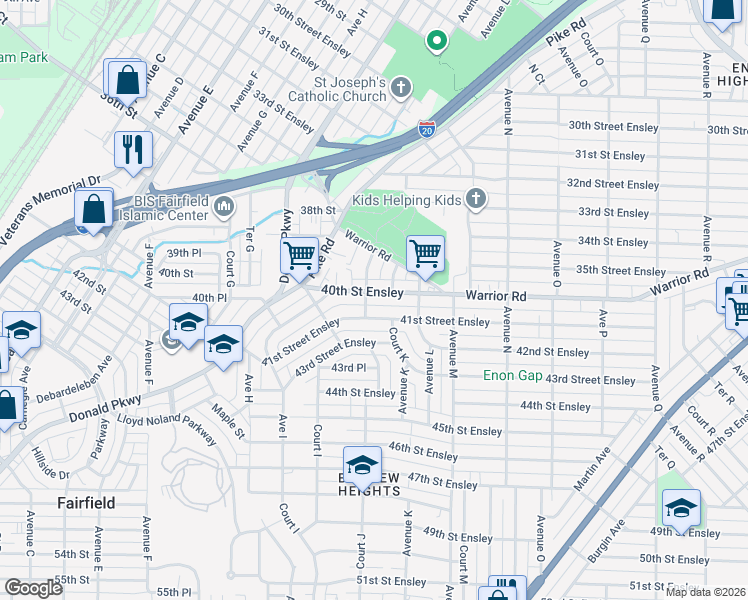 map of restaurants, bars, coffee shops, grocery stores, and more near 1104 40th Street Ensley in Birmingham