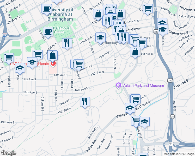 map of restaurants, bars, coffee shops, grocery stores, and more near 1534 17th Street South in Birmingham