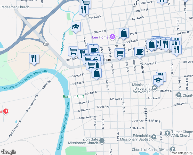 map of restaurants, bars, coffee shops, grocery stores, and more near 123 5th Street South in Columbus