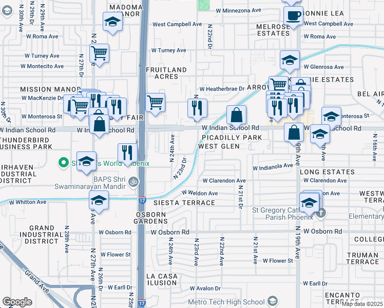 map of restaurants, bars, coffee shops, grocery stores, and more near 3902 North 23rd Avenue in Phoenix