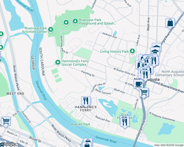 map of restaurants, bars, coffee shops, grocery stores, and more near 530 Grant Avenue in North Augusta