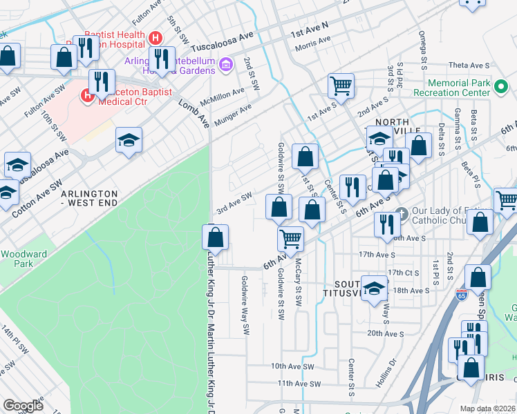 map of restaurants, bars, coffee shops, grocery stores, and more near 321 Goldwire Circle Southwest in Birmingham