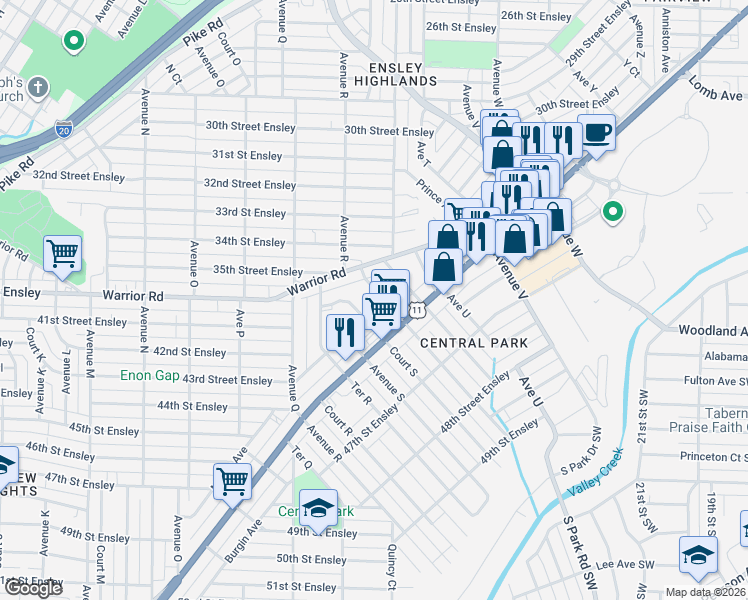 map of restaurants, bars, coffee shops, grocery stores, and more near 4220 Terrace South in Birmingham