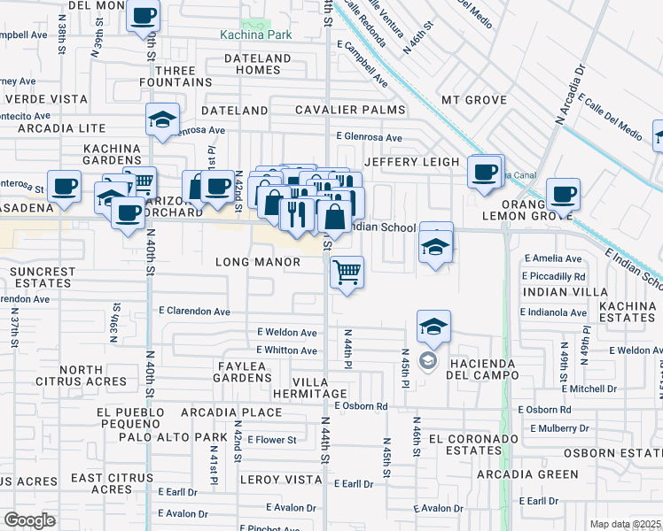 map of restaurants, bars, coffee shops, grocery stores, and more near 4343 East Piccadilly Road in Phoenix