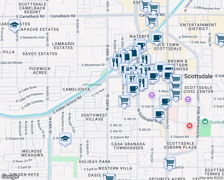map of restaurants, bars, coffee shops, grocery stores, and more near 6748 East 1st Avenue in Scottsdale