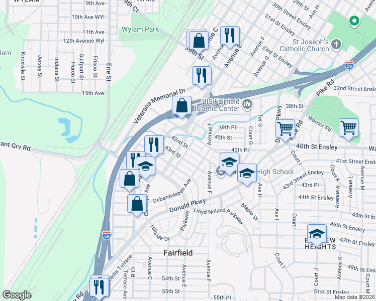 map of restaurants, bars, coffee shops, grocery stores, and more near 511 42nd Street Ensley in Fairfield