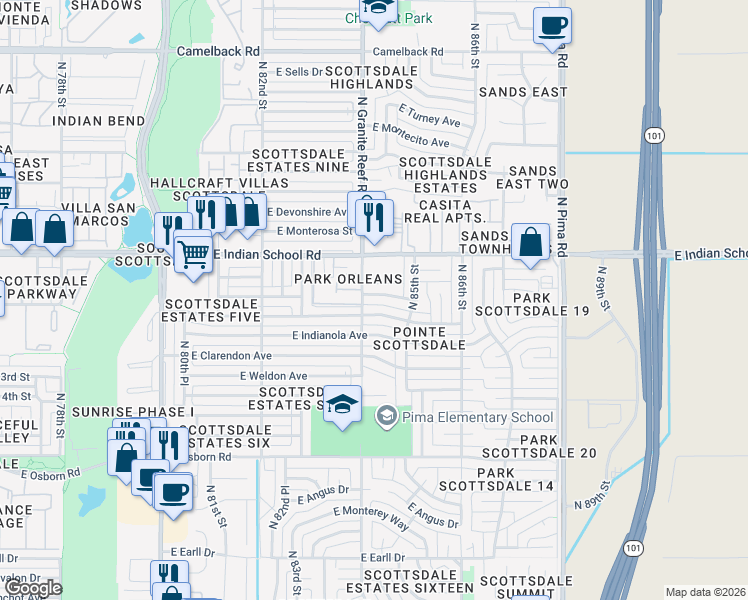 map of restaurants, bars, coffee shops, grocery stores, and more near 8409 East Piccadilly Road in Scottsdale