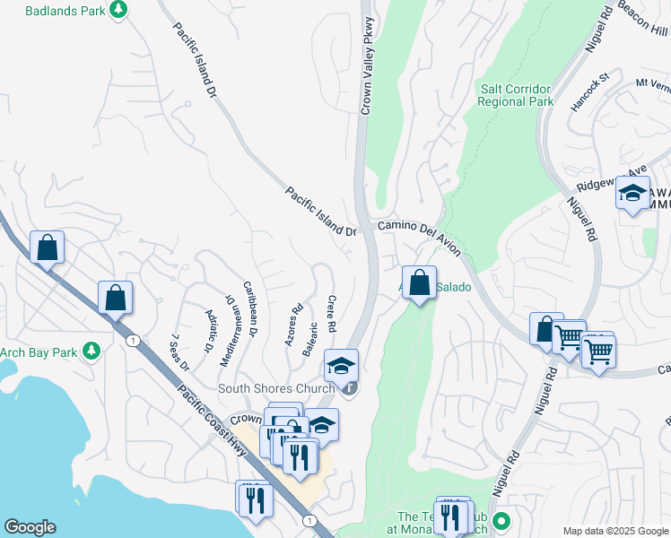 map of restaurants, bars, coffee shops, grocery stores, and more near 32322 Crete Road in Dana Point