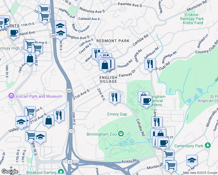 map of restaurants, bars, coffee shops, grocery stores, and more near 2124 Cahaba Road in Birmingham
