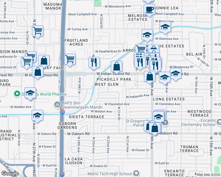 map of restaurants, bars, coffee shops, grocery stores, and more near 4010 North 21st Drive in Phoenix
