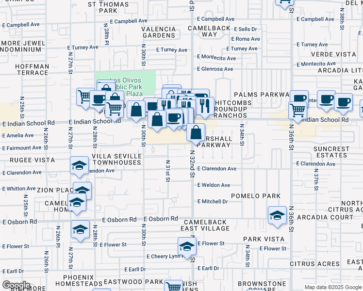 map of restaurants, bars, coffee shops, grocery stores, and more near 3127 East Fairmount Avenue in Phoenix