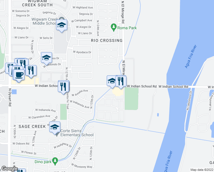 map of restaurants, bars, coffee shops, grocery stores, and more near 12470 West Indian School Road in Avondale