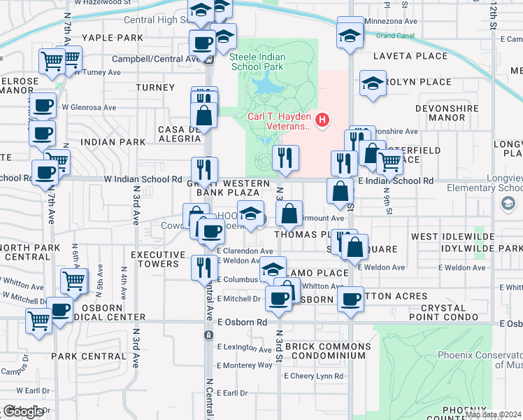 map of restaurants, bars, coffee shops, grocery stores, and more near 4010 North 3rd Street in Phoenix