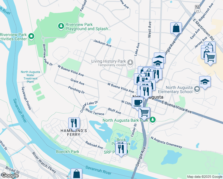 map of restaurants, bars, coffee shops, grocery stores, and more near 415 West Main Street in North Augusta