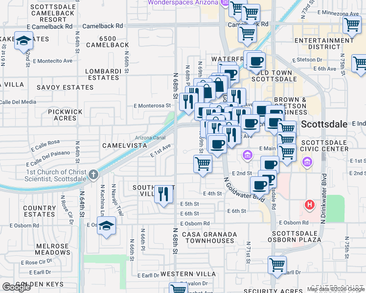 map of restaurants, bars, coffee shops, grocery stores, and more near 6850 East Main Street in Scottsdale