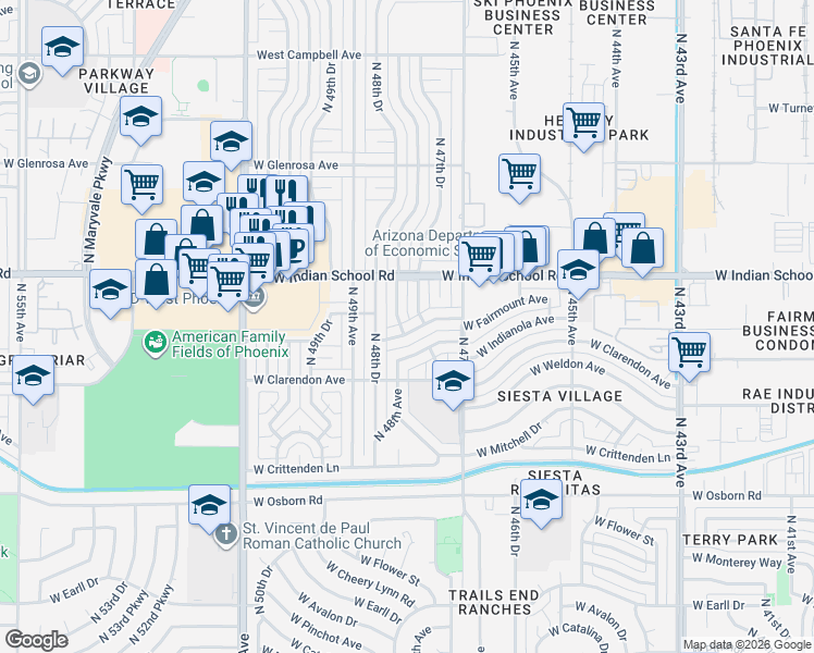 map of restaurants, bars, coffee shops, grocery stores, and more near 3851 North 48th Avenue in Phoenix