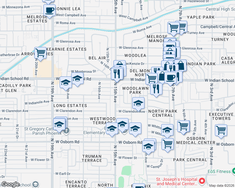 map of restaurants, bars, coffee shops, grocery stores, and more near 4006 North 14th Avenue in Phoenix