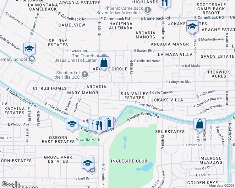 map of restaurants, bars, coffee shops, grocery stores, and more near 5715 East Calle Tuberia in Phoenix
