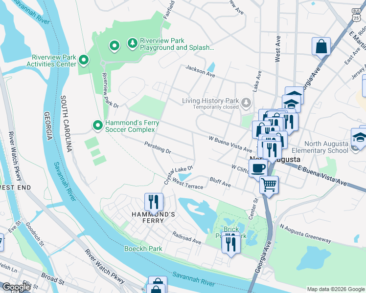 map of restaurants, bars, coffee shops, grocery stores, and more near 512 Grant Ave in North Augusta