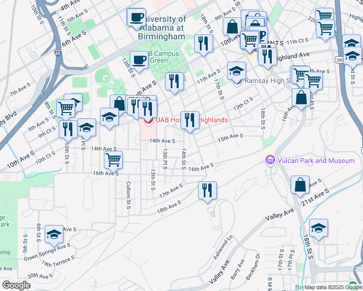 map of restaurants, bars, coffee shops, grocery stores, and more near 1355 14th Avenue South in Birmingham