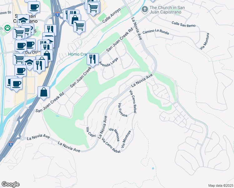 map of restaurants, bars, coffee shops, grocery stores, and more near 27495 Via Sequoia in San Juan Capistrano